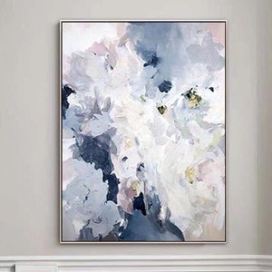Groot abstract schilderij op canvas marineblauw bloem schilderij roze roos bloem acryl schilderij woonkamer decor extra grote muurkunst