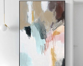 Pintura abstracta moderna en lienzo, pintura acrílica, pintura abstracta en gris, azul, marrón y rosa, arte de pared de gran tamaño para sala de estar, decoración.