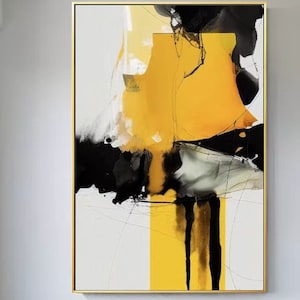 Modern abstract canvas painting black yellow abstract acrylic painting grey white painting extra large wall picture living room wall art