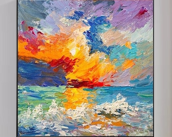 Bunte Kunst Seelandschaft Spachtelmalerei gelb rot strukturierte Malerei Acrylbild blau Leinwand Kunst extra groß Wohnzimmer Wandkunst