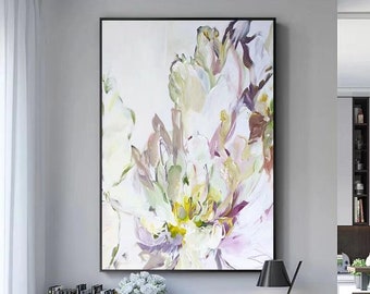 White flower painting impressionism art large floral wall art home decor yellow acrylic painting on canvas modern abstract oil painting