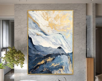 pintura de montaña pintura abstracta pintura de paisaje azul marino sobre lienzo arte dorado pintura acrílica oro blanco gran sala de estar arte de pared