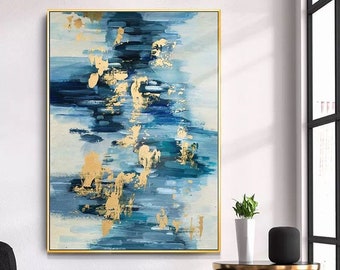 Large Abstract painting on canvas watercolor painting gold painting navy blue acrylic painting extra large living room home wall art