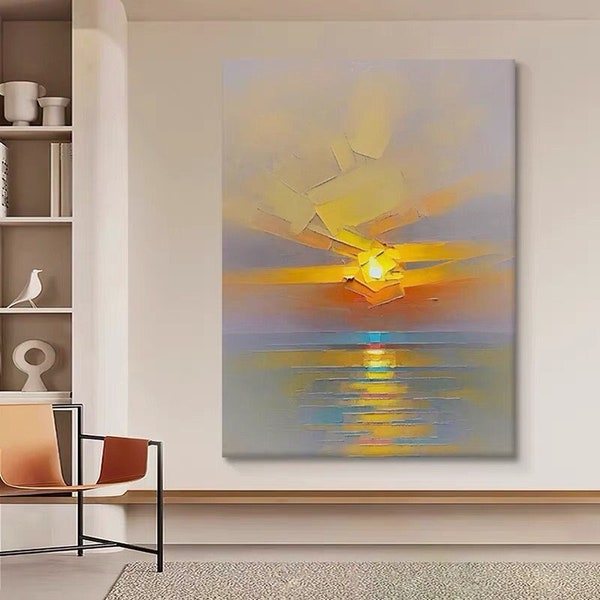 Gold sunrise painting abstract painting blue seascape colorful ocean wall art painting sea wave art original oil painting large wall art