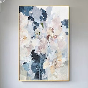 Large Abstract painting on canvas navy blue flower painting pink rose flower acrylic painting living room decor extra large wall art