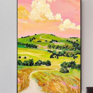 Green landscape painting, green mountain, pink clouds sky canvas painting, scenery, abstract acrylic painting, large living room wall art