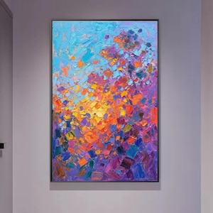 Vibrant Abstract 3D Impasto Painting on Canvas blue clouds sky painting Art Luxurious  Palette Knife pink landscape canvas Room Wall Art