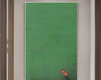 Large Green Ocean Painting: Vintage Seascape Wall Art