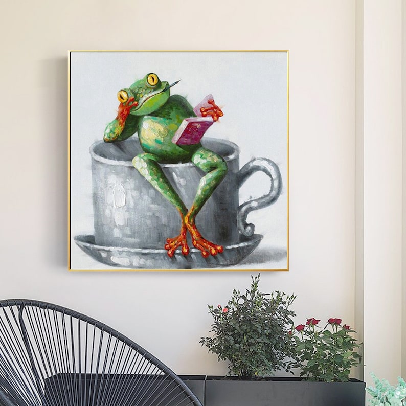 Coffee cup funny frog abstract animal painting on canvas student frog arylic painting colorful cartoon painting office extra large outlet wall art