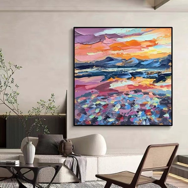 Large Original Oil Painting On Canvas Blue purple Colorful ocean wall art Painting navy blue sea painting  Impasto Painting room wall art