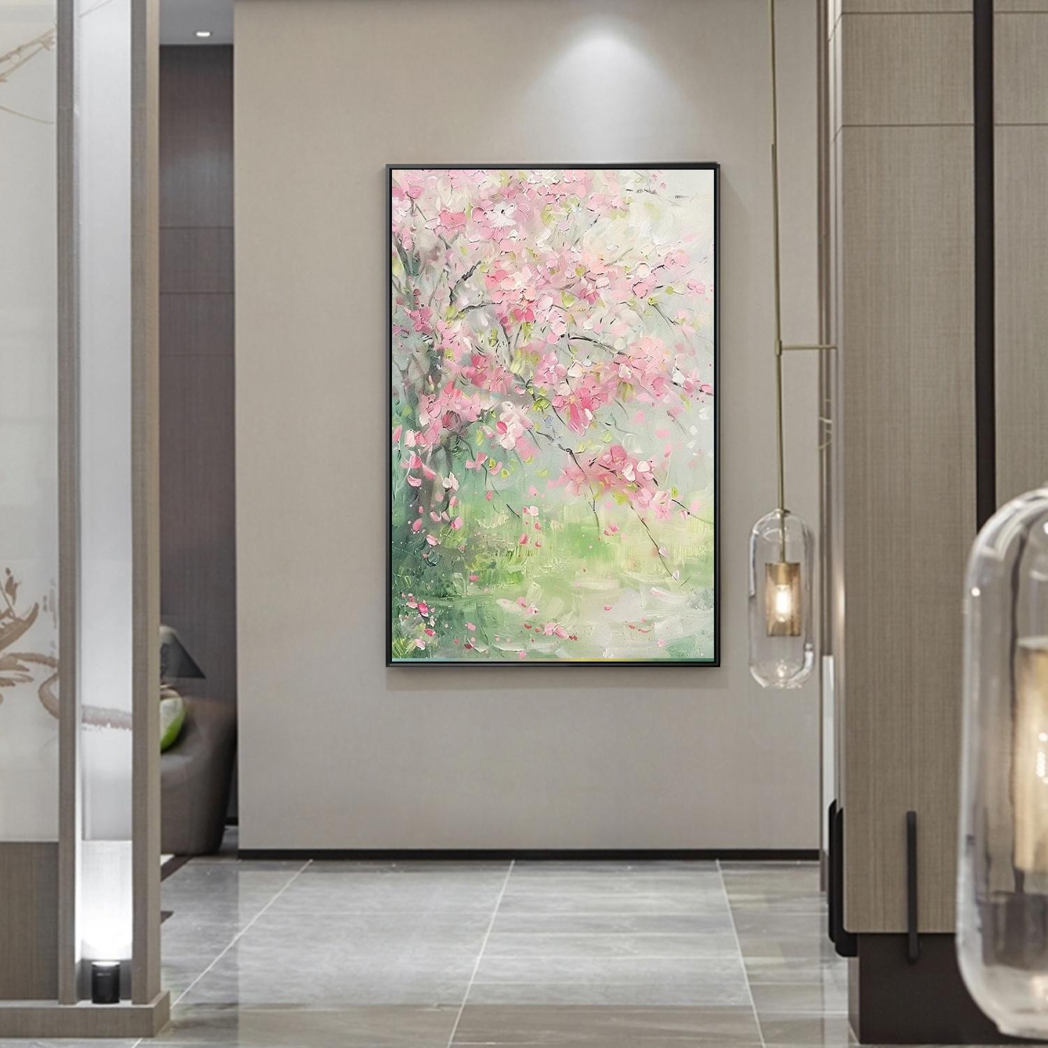 Cherry Blossom Tree Wall Art, Pink Flower Texture Canvas Art, Green ...