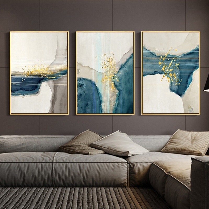 ゴールドウォールアート3点セット、抽象的なターコイズ絵画