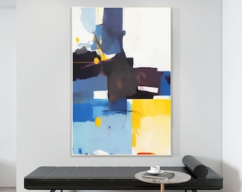 Large Abstract painting navy blue canvas wall art beige brown artwork original blue painting boho wall art extra large wall art