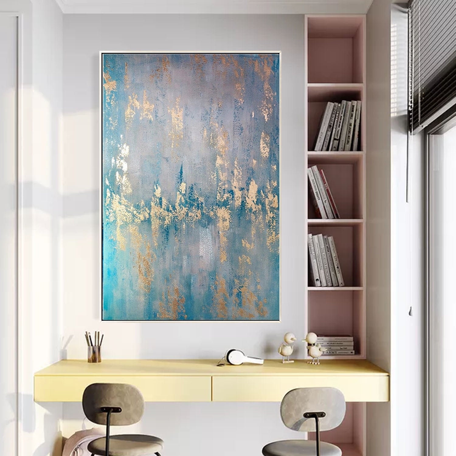 Modern Abstract Gold Leaf Painting Blue Canvas Art Acrylic Painting ...