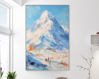 original blue mountain painting impasto 3D canvas art snow sport artwork  textured landscape painting, extra large wall art home decor