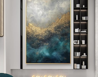 Green Abstract Painting Large Blue Painting Gold Wall Art turquoise Abstract Painting Modren blue Abstract Painting Green wall Art