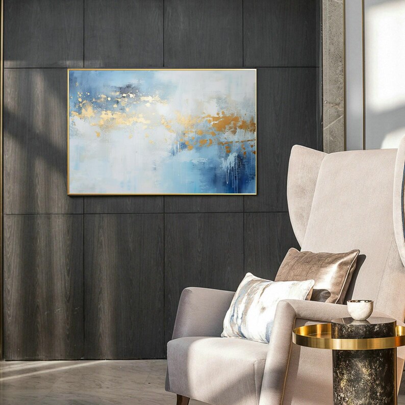 Modern Abstract Gold Painting Blue Canvas Art Original Gray Canvas ...