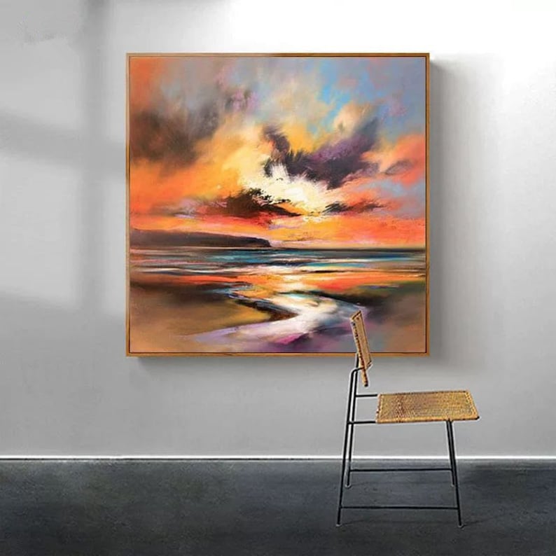 Abstract acrylic painting yellow sunset scenery landscape black mountain art orange cloud canvas painting oversize wall art wall pictures