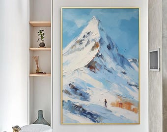 original blue mountain painting impasto 3D canvas art snow sport artwork  textured landscape painting, extra large wall art home decor