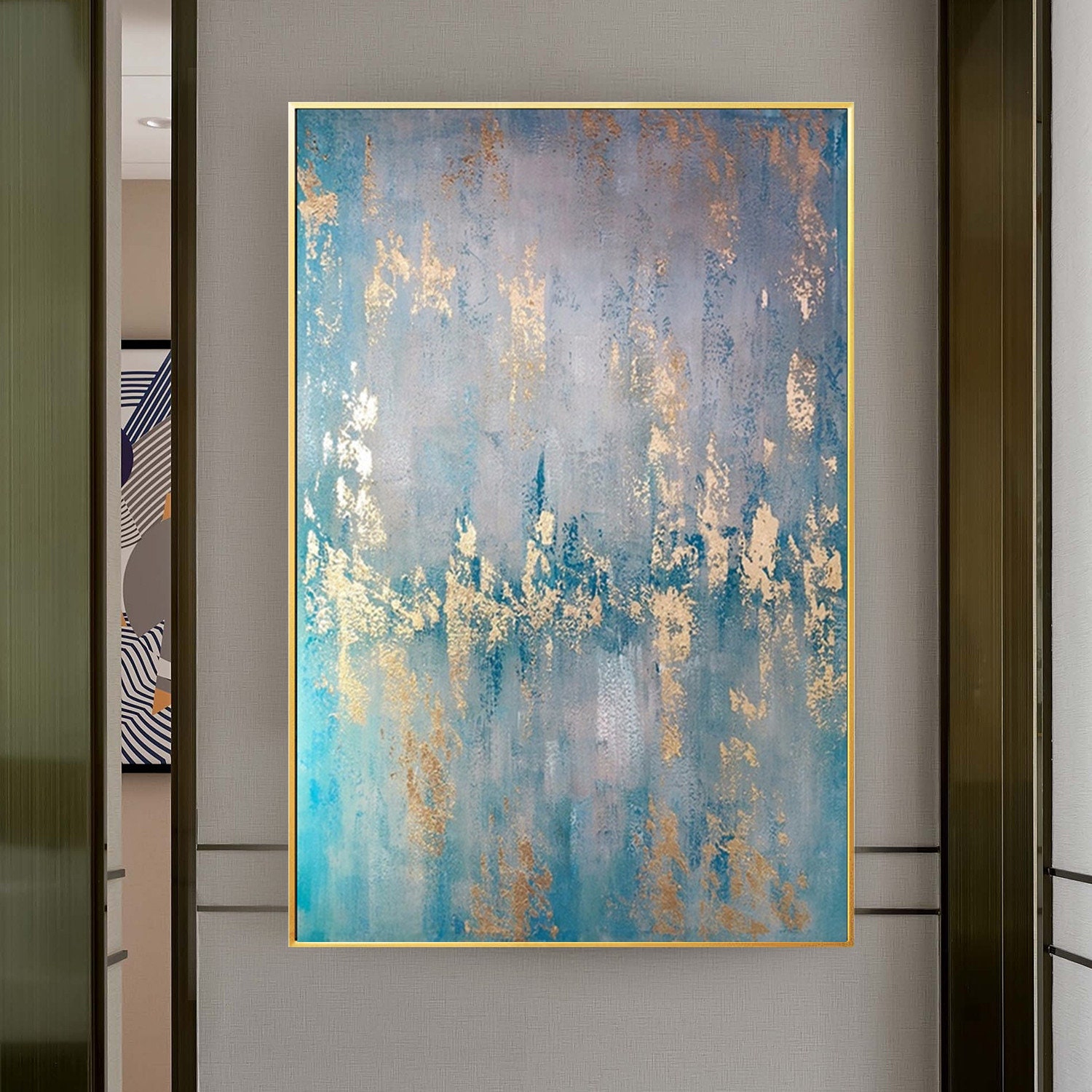 Modern Abstract Gold Leaf Painting Blue Canvas Art Acrylic Painting ...