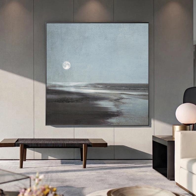 Nightscape scenery painting grey sky abstract canvas painting moon light dark shops grey landscape acrylic painting extra large wall art decor