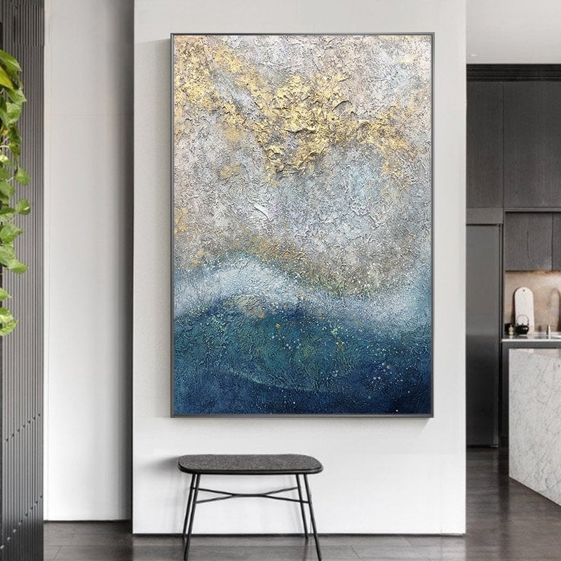 Gold Blue Abstract Room - Acrylic Canvas Painting Paintings Wall White Heavy Etsy Canvas Navy Oversize Textured Handmade Leaf Art Painting Grey