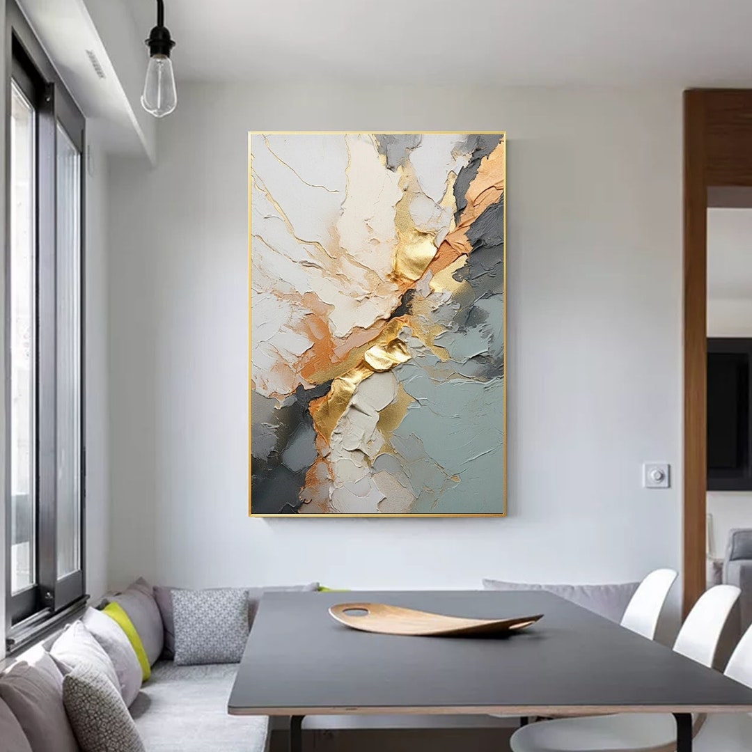 Original Large Gold Canvas Painting, Modern Abstract Gray Acrylic