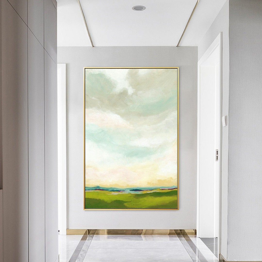 Green Landscape Painting, Blue Mountain, White Blue Sky Canvas Painting