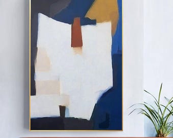 Large Abstract painting navy blue canvas wall art beige brown artwork original blue painting boho wall art extra large wall art