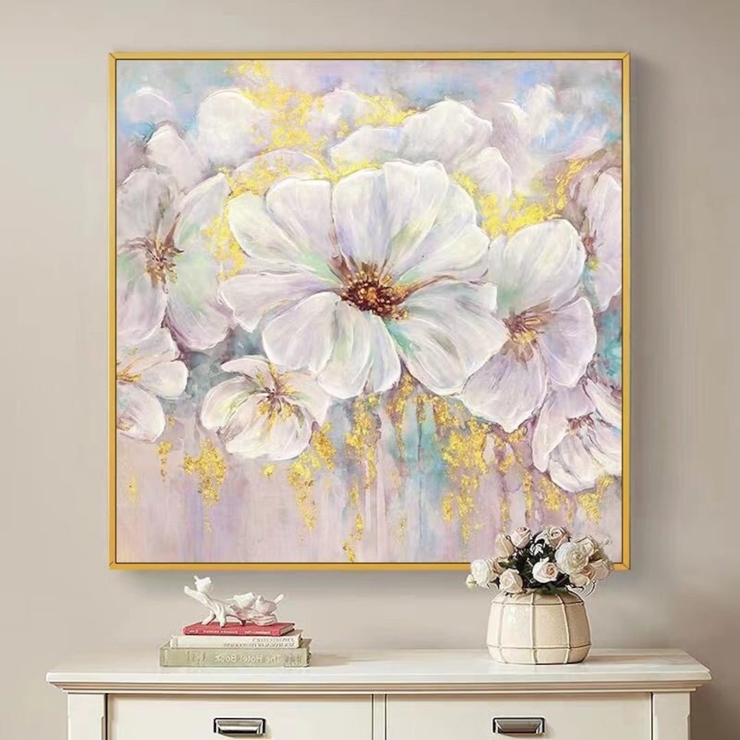 Original Canvas Painting Gold Floral Canvas Painting White Etsy