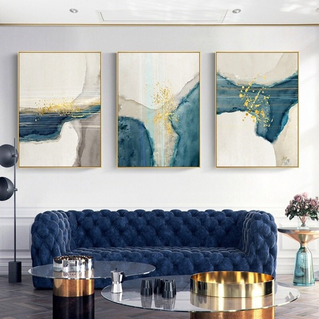 ゴールドウォールアート3点セット、抽象的なターコイズ絵画