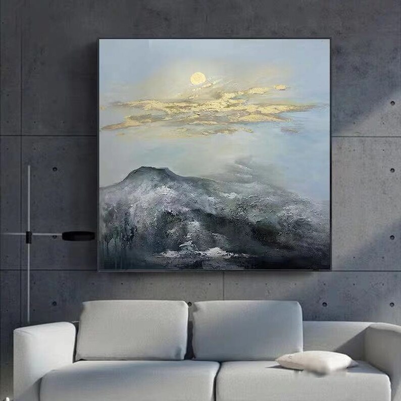 Gold Sun Scenery Painting Black Mountain Landscape Grey Sky - Etsy