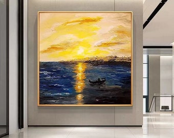 Gold art abstract acrylic painting yellow sunrise scenery seascape wave art blue sea boat canvas painting oversize wall art wall pictures