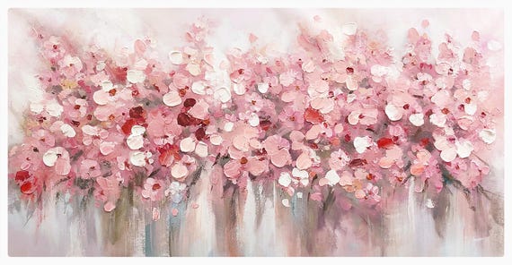 質感のある桜の木の絵画：厚塗りの花の壁掛けアート、20x40 - Etsy 日本