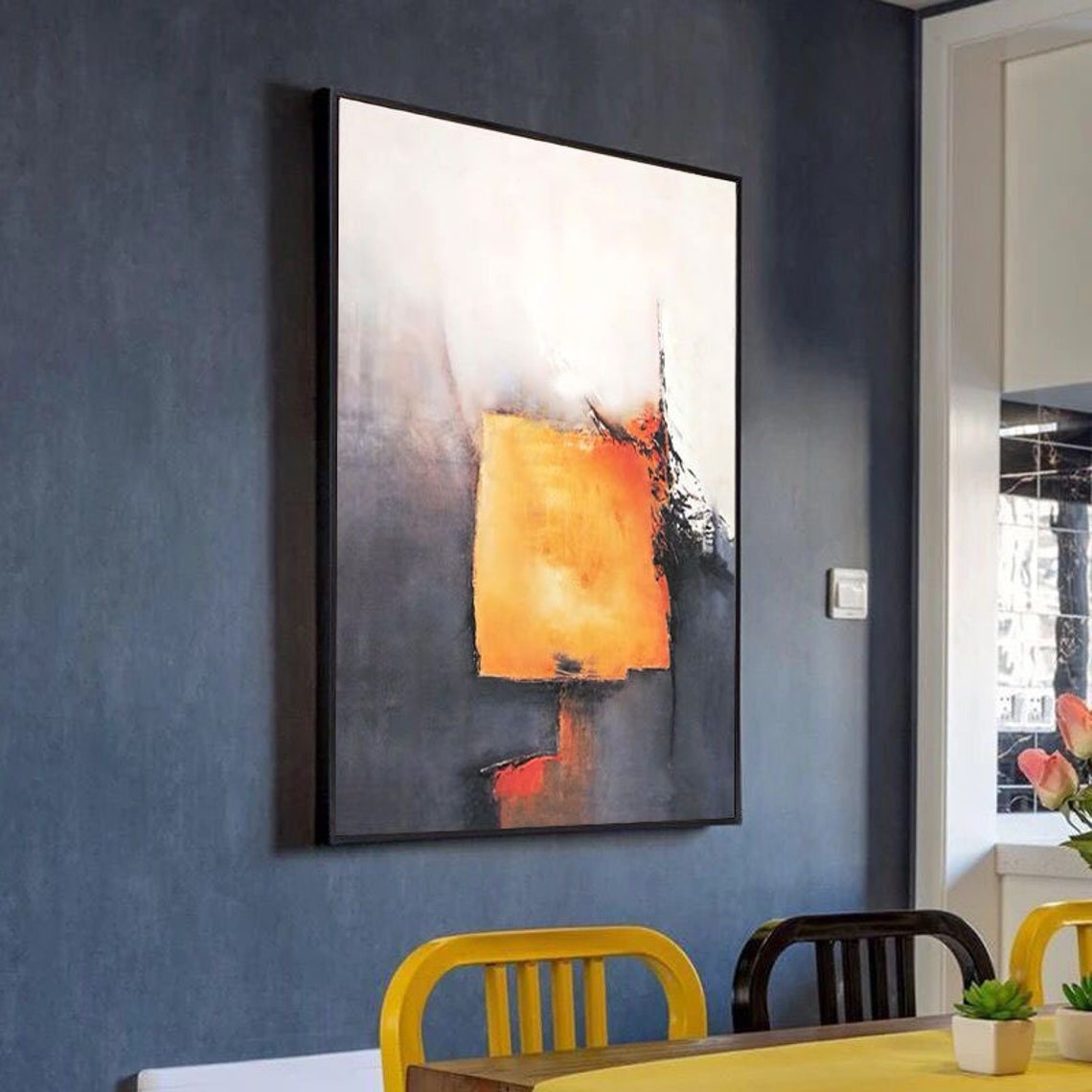 Orange Modern Abstract Painting Art Black Grey Acrylic Canvas Etsy