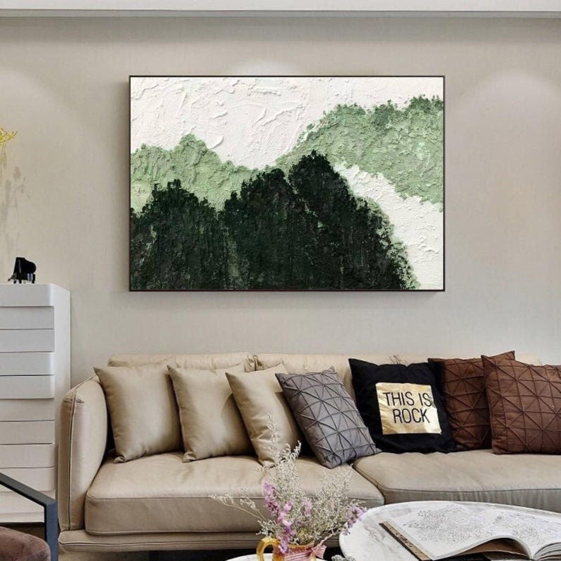 Original Mountain Oil Painting 3d Green Landscape Wall Art Minimalist ...