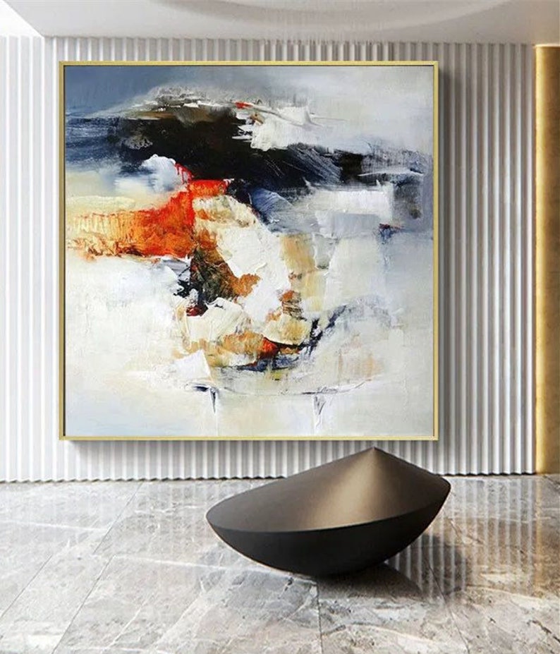 Abstract acrylic painting navy blue cnavas painting yellow ewd acrylic painting color mixture modern abstract painting extra large wall art