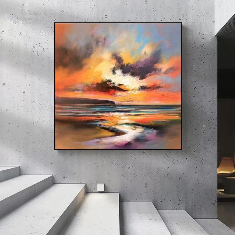 Abstract acrylic painting yellow sunset scenery landscape black mountain art orange cloud canvas painting oversize wall art wall pictures