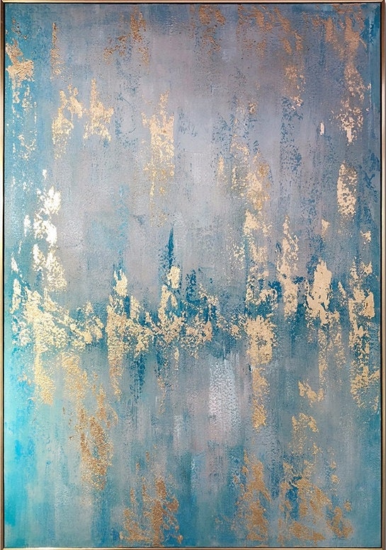 Modern Abstract Gold Leaf Painting Blue Canvas Art Acrylic - Etsy