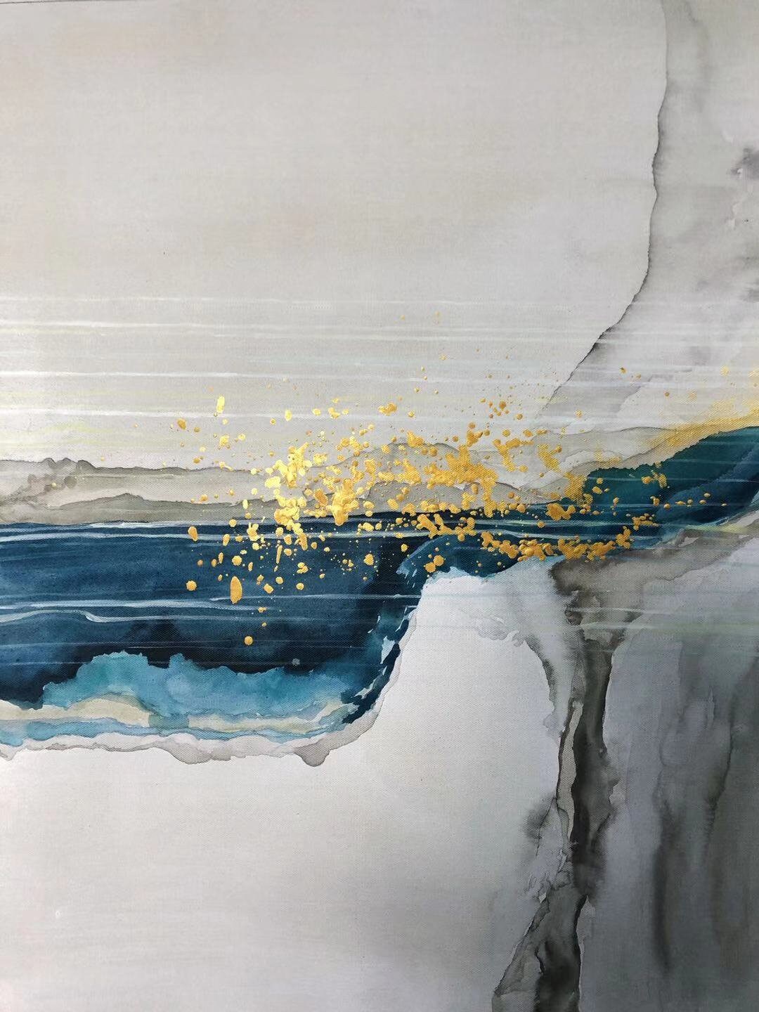 ゴールドウォールアート3点セット、抽象的なターコイズ絵画