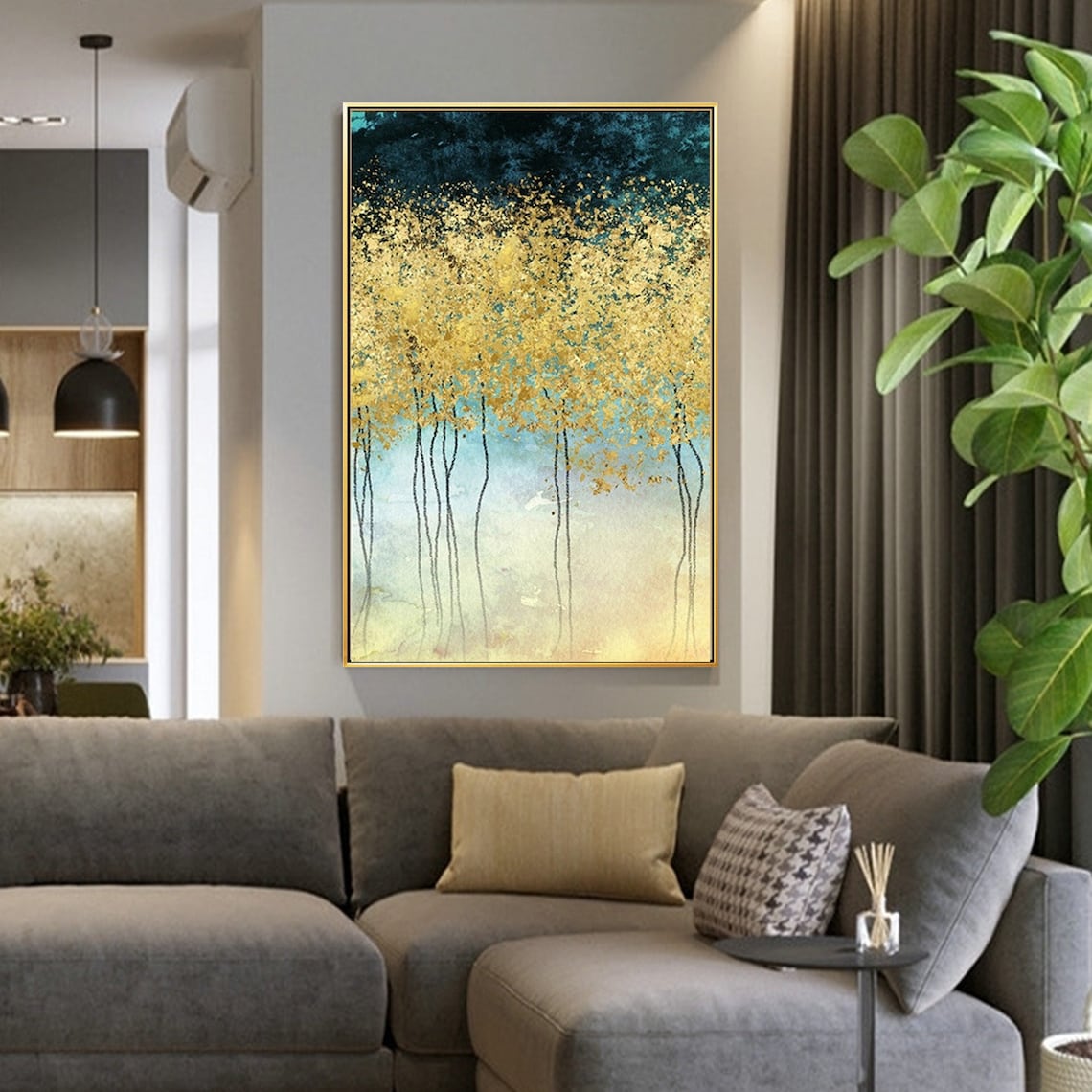 Landscape Gold Leaf Tree Painting Yellow Flower Scenery Etsy