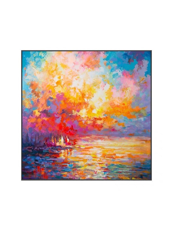 Abstract Ocean Oil Painting on Canvas Vibrant Colorful Sunset Wall