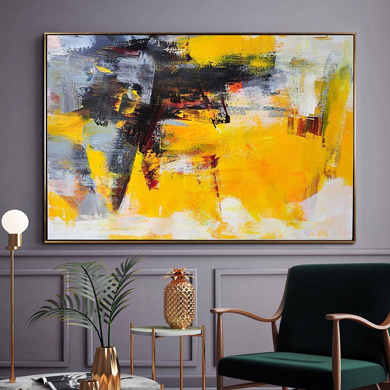  Pintura original abstracta vertical moderna sobre lienzo,  cuadros decorativos, amarillo, negro, gris, sala de estar, 23.6 x 47.2 in,  sin marco : Hogar y Cocina