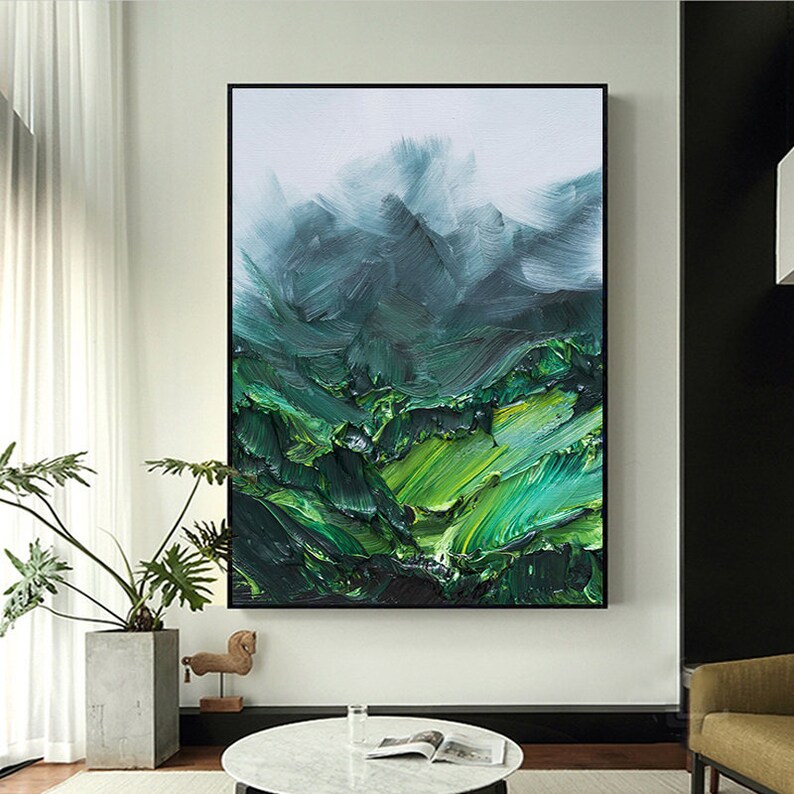 Large Canvas Art Green Original Painting Abstract Mountain Etsy