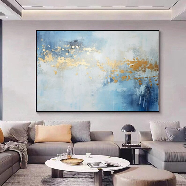 Modern Abstract Gold Painting Blue Canvas Art Original Gray Canvas ...