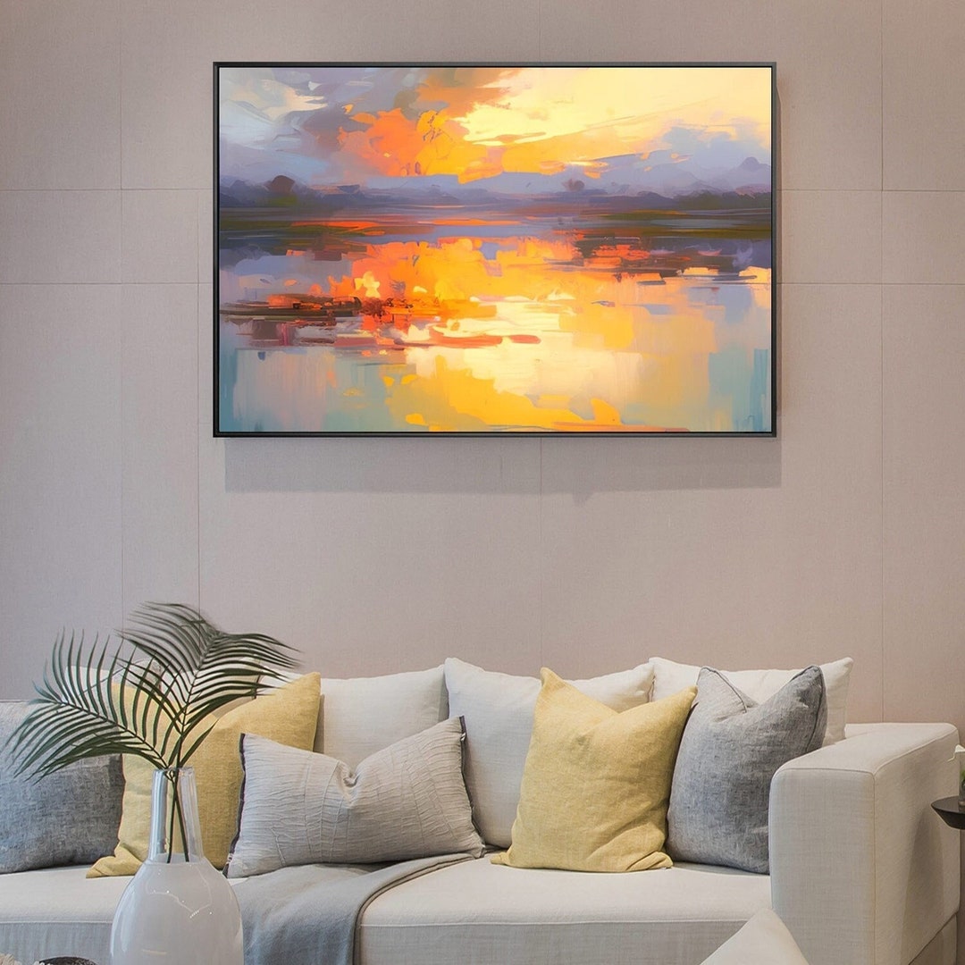 Large Sunset Painting on Canvas, Abstract Painting, Navy Blue Seascape ...