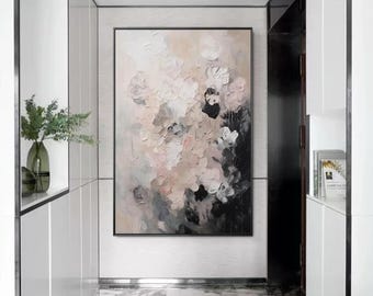 Large texture painting on canvas, beige wabi sabi painting, Blossom pink flower painting original painting, large wall art