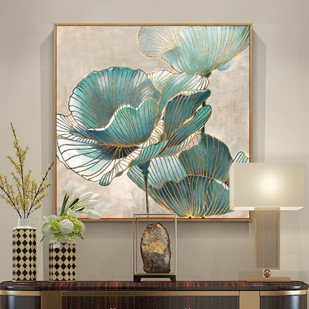 Abstract Plant Painting Green Floral Canvas Painting Gold Line Etsy