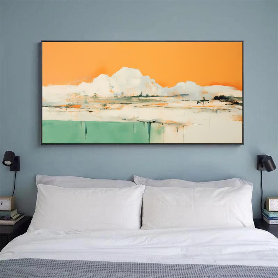 Green Landscape Painting on Canvas Textured Mountain Painting Orange ...