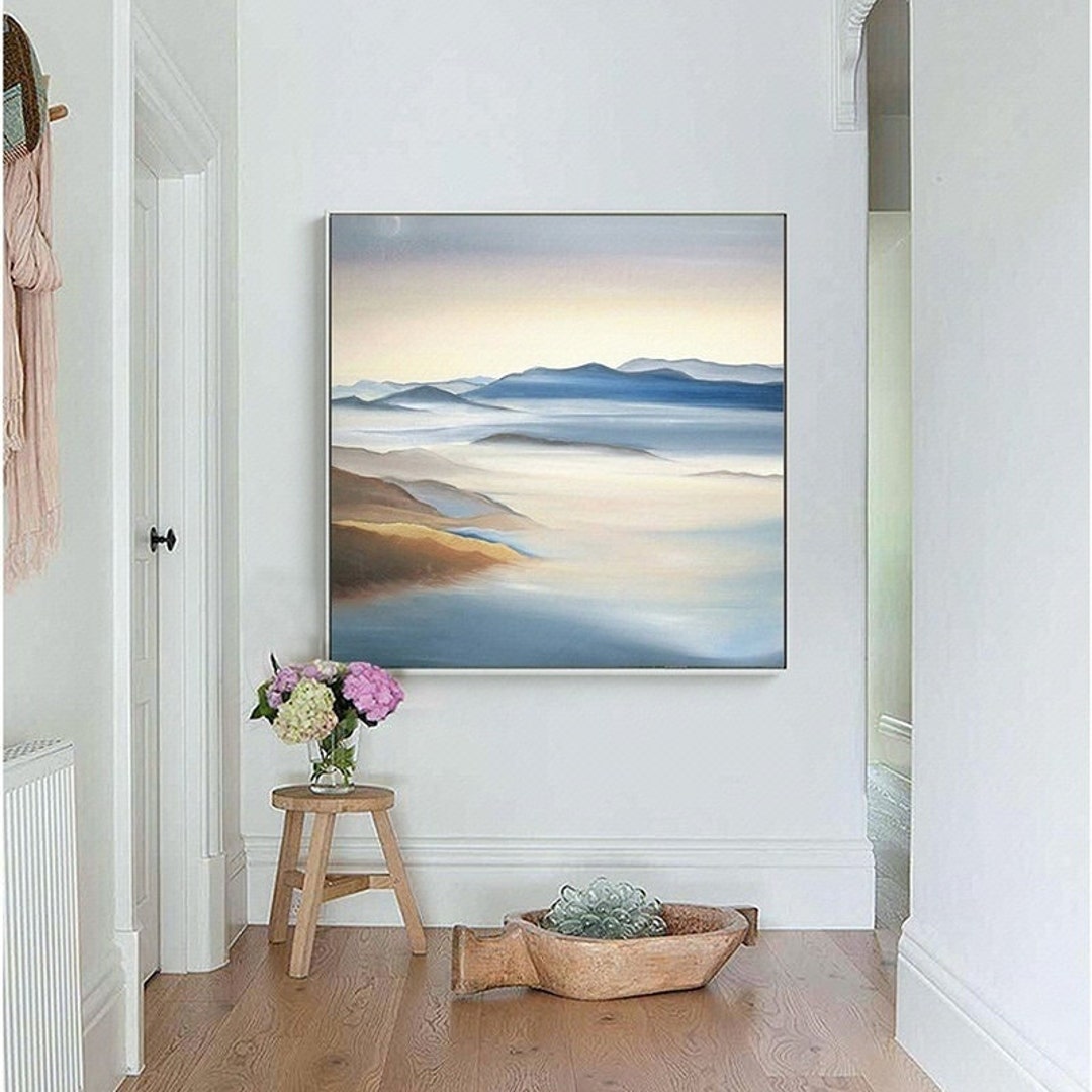 Abstract Acrylic Painting Blue Mountain Scenery Painting Brown Ground